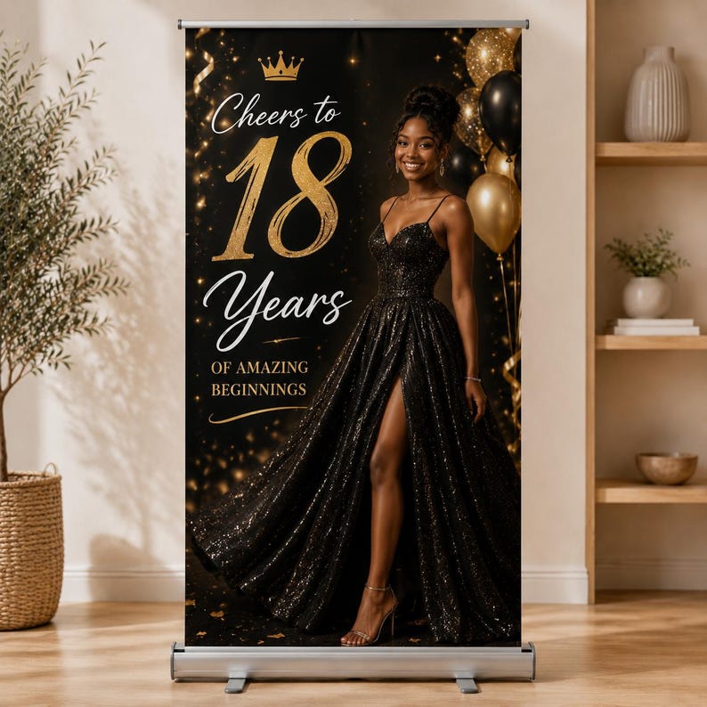 Op de afbeelding: Een verticale banner met een zwarte achtergrond, gouden tekst Cheers to 18 Years OF AMAZING BEGINNINGS en een gouden kroonicoon. Een persoon in een zwarte paillettenjurk met een hoge split staat naast gouden en zwarte ballonnen.