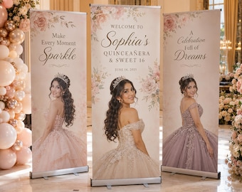 Quinceañera & Sweet 16 Custom Retractable Banner– Wedding Welcome Sign Birthday Party Banner Roll Up Banner Event Photo Backdrop