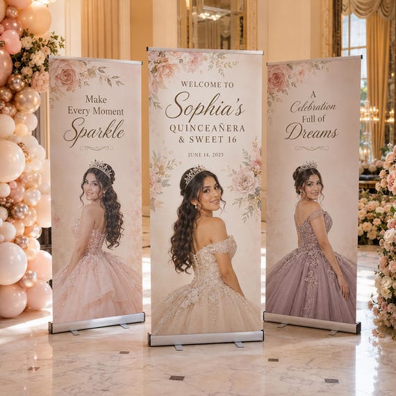 Quinceañera & Sweet 16 Custom Retractable Banner– Wedding Welcome Sign Birthday Party Banner Roll Up Banner Event Photo Backdrop