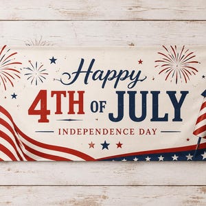May include: A rectangular banner with a cream background featuring the text Happy 4TH OF JULY INDEPENDENCE DAY in red and blue. The design includes a waving American flag, red firework illustrations, blue stars, and a rocket graphic on the right.