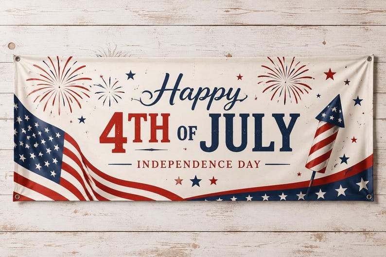 May include: A rectangular banner with a cream background featuring the text Happy 4TH OF JULY INDEPENDENCE DAY in red and blue. The design includes a waving American flag, red firework illustrations, blue stars, and a rocket graphic on the right.