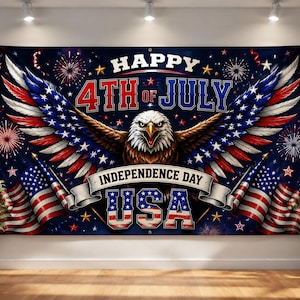 May include: A rectangular banner featuring a bald eagle with wings spread wide, colored in red, white, and blue. The text reads HAPPY 4TH OF JULY INDEPENDENCE DAY USA. The background displays fireworks, stars, and two American flags on poles.