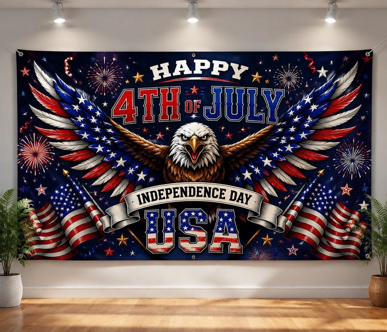 May include: A rectangular banner featuring a bald eagle with wings spread wide, colored in red, white, and blue. The text reads HAPPY 4TH OF JULY INDEPENDENCE DAY USA. The background displays fireworks, stars, and two American flags on poles.