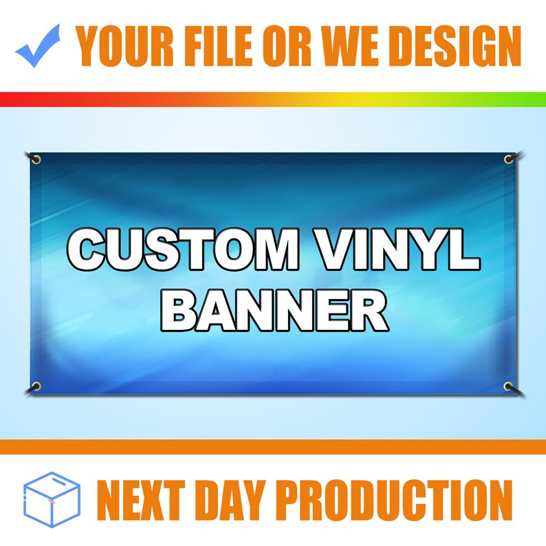 May include: A rectangular custom vinyl banner featuring a blue gradient background with white text that reads CUSTOM VINYL BANNER. The banner includes metal grommets in each of the four corners for mounting purposes and a smooth finish.