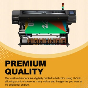 May include: A large format HP industrial printer in black with a multi-colored banner feeding through the center. The machine features a digital control screen, a vertical status light tower, and a row of seven ink cartridges in various colors.