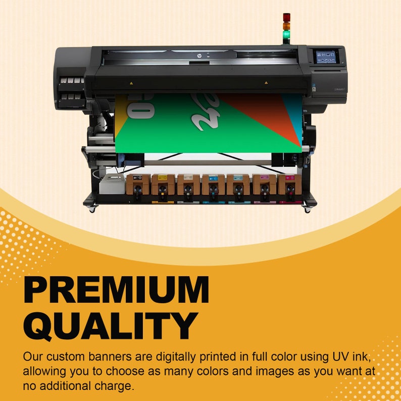 May include: A large format HP industrial printer in black with a multi-colored banner feeding through the center. The machine features a digital control screen, a vertical status light tower, and a row of seven ink cartridges in various colors.