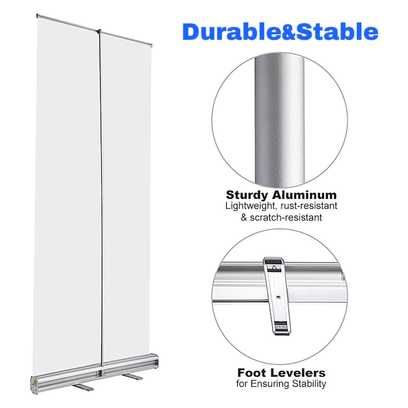 Op de afbeelding: Een hoge, verticale oprolbare bannerstandaard met een leeg wit displayoppervlak. De zilveren aluminium voet is voorzien van voetnivelleerders voor stabiliteit. Tekst in de afbeelding bevat Durable&Stable, Sturdy Aluminum en Foot Levelers.