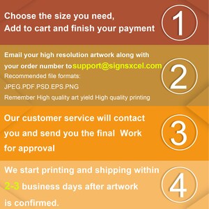 May include: A four-step instructional graphic with a gradient background ranging from dark brown to light orange. Each step is numbered one through four in white circles. The text outlines the ordering process, including email support@signsxcel.com.