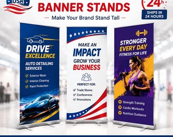 Custom Retractable Pop Up Banner Stand – Full Color Trade Show Display, Aluminum Frame, Made in USA
