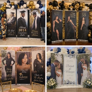 K&ouml;nnte beinhalten: Vier Sets aus individuellen Roll-up-Bannern mit hochaufl&ouml;senden Fotodrucken f&uuml;r Abschlussfeiern, Geburtstage und Hochzeiten. Jedes Display umfasst vertikale Banner mit personalisiertem Text, Fotos und dekorativen Luftballonb&ouml;gen.