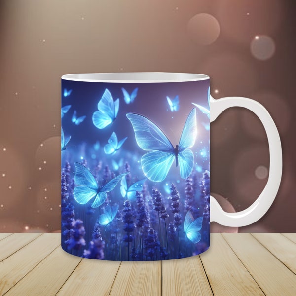 Blue Butterflies Mug Wrap, Flower Mug Wrap Sublimation Design PNG, 11oz and 15oz Coffee Cup Template, Mug Press Design