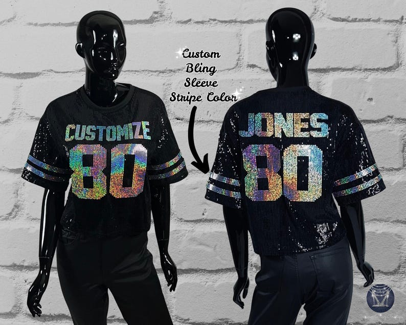 Black Sequin Top, Custom Sequin Shirt, Football Bling, Cheer Bling, Birthday Bling, Sports Bling, Custom Name and Number, Concert Bling, Tour Jersey