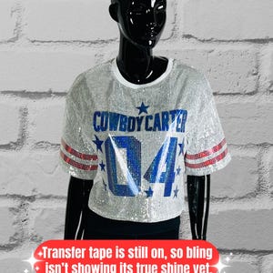 White Sequin Top, Custom Sequin Shirt, Football Bling, Cheer Bling, Birthday Bling, Sports Bling, Custom Name and Number, Cowboy bling shirt, cowgirl bling shirt, Carter bling shirt