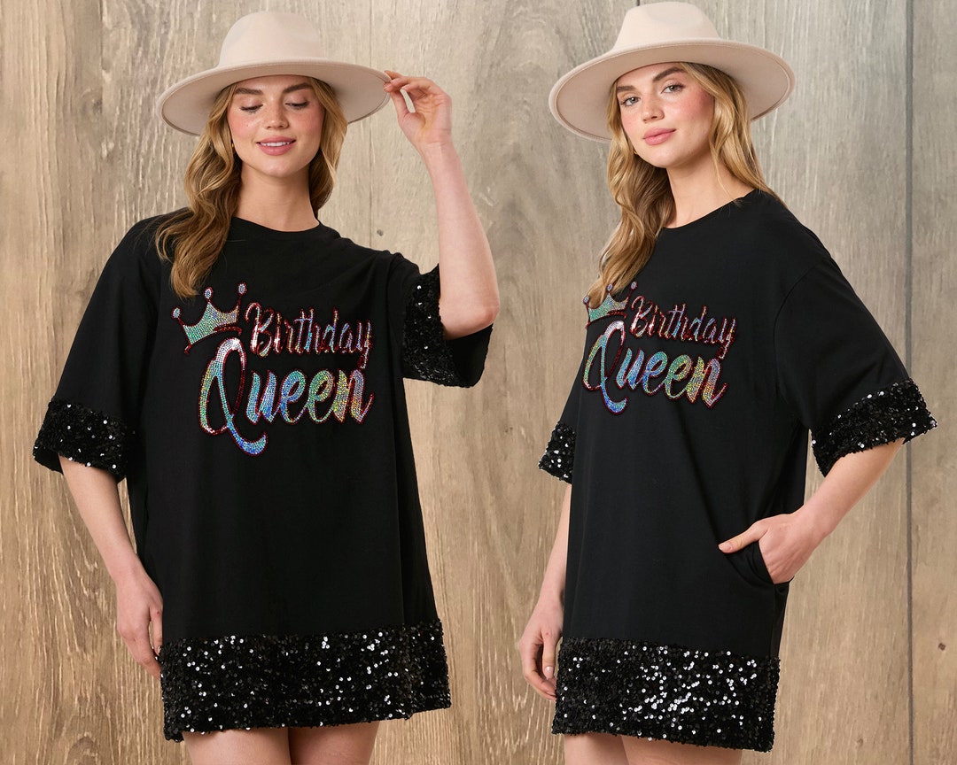 birthday jersey dress Custom Queen Sequin Cotton T-shirt Dress, Birthday, Gifts for Her, Custom Jersey Bling fitted basketball jersey dresses