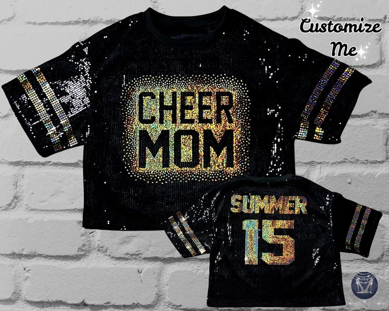 Cheer Mom Black Sequin Top with gold holographic spangle bling, Custom Sequin Shirt, Football Bling, Cheer Bling, Birthday Bling, Sports Bling, Custom Name and Number