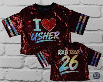 I Love Usher Inspired Sequin Concert Jersey, RnB Tour Outfit, Women Bling Shirt
