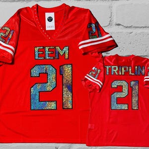 Red Bling Jersey, Custom Bling Jersey, Bling Football Jersey, Birthday Bling, Bling fan apparel, Sports Bling, Custom Glitter Sports Jersey, Custom Bedazzled Jersey, Name and number rhinestone Jersey, bride bling jersey, mom sports bling shirt
