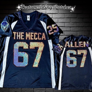Custom Bling Ladies Patchwork Jersey (Sleeve Logo/Mascot) - customize with your team, mascot name, text and number, Gifts for her