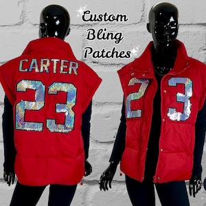 Custom Bling Oversized Patchwork Puffer Vest - customize with name and number, Fan Bling, Gifts for her