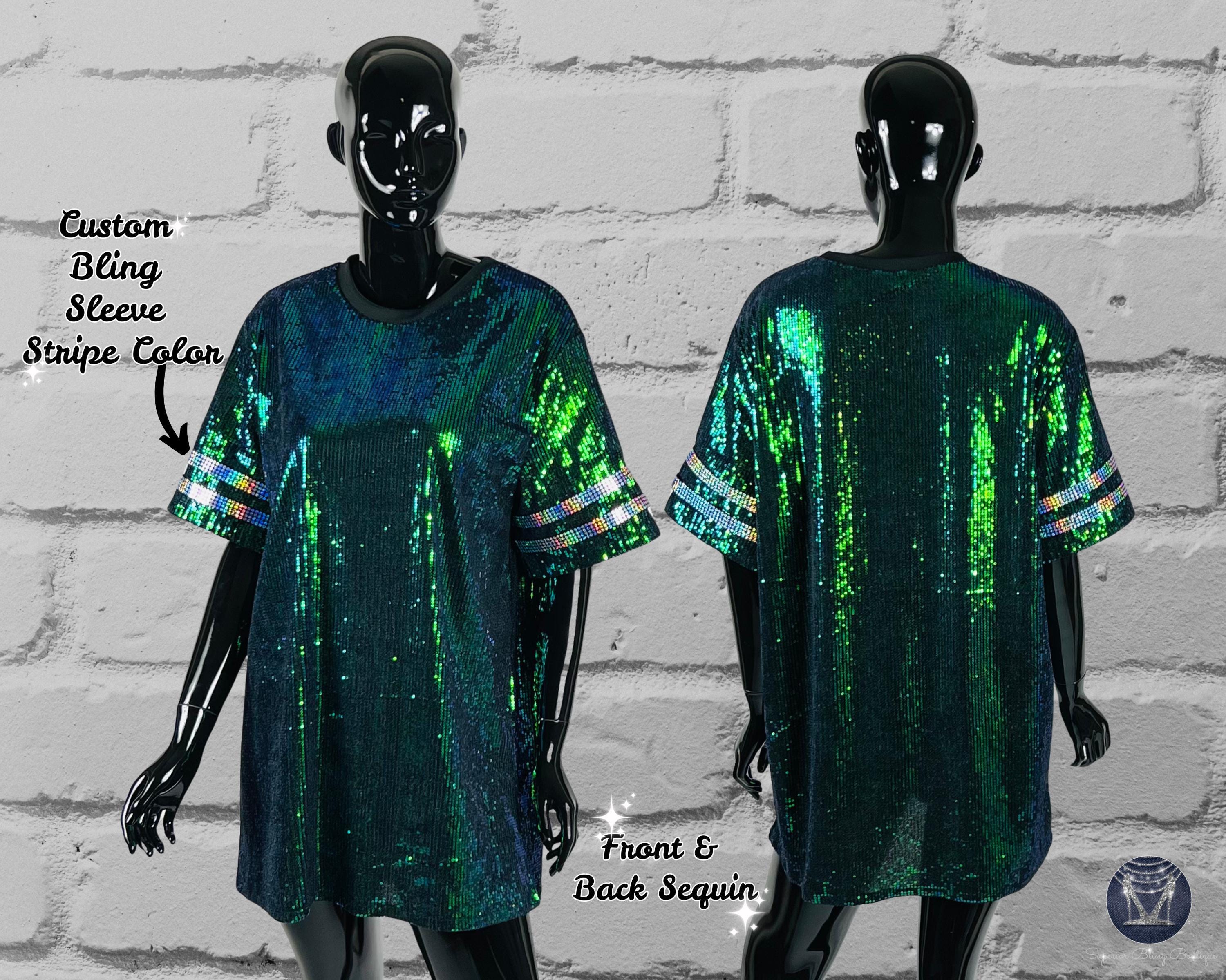 green sequin t shirt dress Custom Americana Stars Dress, Patriotic Bling, Birthday, Festival & Concert Outfit, customize text and number, Sparkly Custom Football
