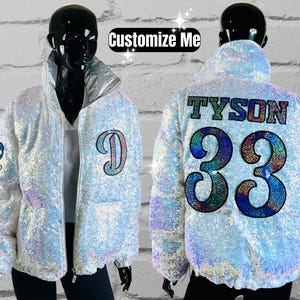 Custom White Sequin Puffer Jacket - Customize with chest letter, text, name and number, Custom Bling Patches, Gifts for Her
