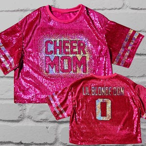 Cheer Mom Fuchsia Sequin Top, Custom Sequin Shirt, Football Bling, Cheer Bling, Birthday Bling, Sports Bling, Custom Name and Number