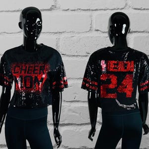 Cheer Mom Black Sequin Top, Custom Sequin Shirt, Football Bling, Cheer Bling, Birthday Bling, Sports Bling, Custom Name and Number