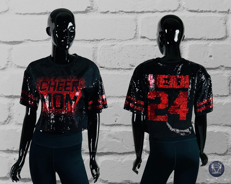 Cheer Mom Black Sequin Top, Custom Sequin Shirt, Football Bling, Cheer Bling, Birthday Bling, Sports Bling, Custom Name and Number