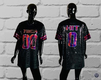 Preorder Custom Full Sequin Dress, T-shirt Dress, Customize with text and number, Custom Bling Sleeve, Birthday, Concert Bling, Jersey Bling