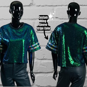 Green Sequin Top, Custom Sequin Shirt, Football Bling, Cheer Bling, Birthday Bling, Sports Bling, Custom Name and Number