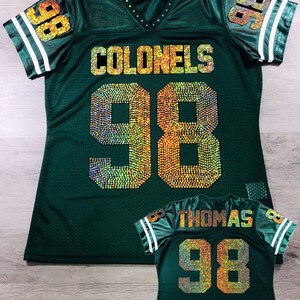 Green Bling Jersey, Custom Bling Jersey, Bling Football Jersey, Birthday Bling, Bling fan apparel, Sports Bling, Custom Glitter Sports Jersey, Custom Bedazzled Jersey, Name and number rhinestone Jersey, bride bling jersey, mom sports bling shirt