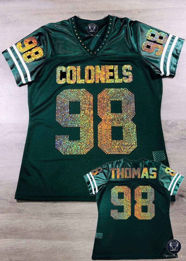 Green Bling Jersey, Custom Bling Jersey, Bling Football Jersey, Birthday Bling, Bling fan apparel, Sports Bling, Custom Glitter Sports Jersey, Custom Bedazzled Jersey, Name and number rhinestone Jersey, bride bling jersey, mom sports bling shirt