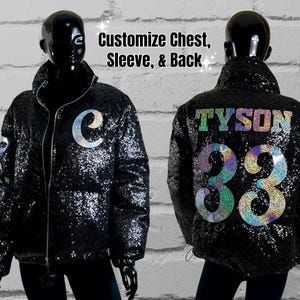 Custom Black Sequin Puffer Jacket - Customize with chest letter, text, name and number, Custom Bling Patches, Gifts for Her
