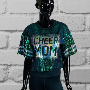 Cheer Mom Green Sequin Top, Custom Sequin Shirt, Football Bling, Cheer Bling, Birthday Bling, Sports Bling, Custom Name and Number