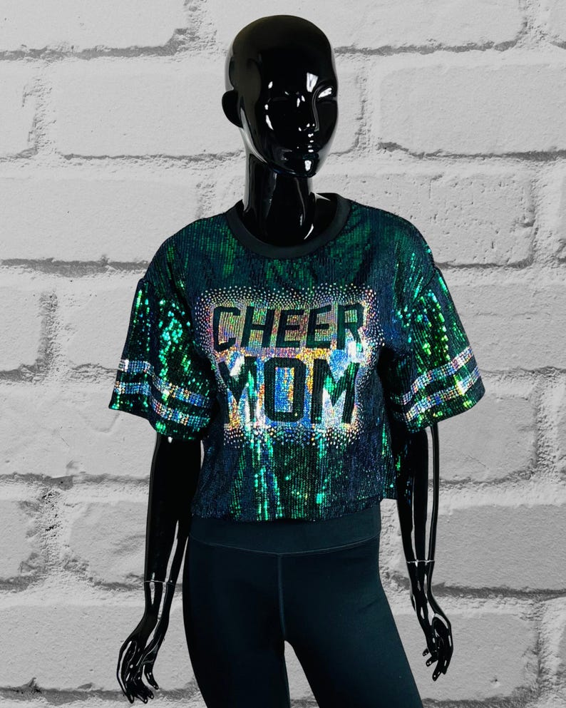 Cheer Mom Green Sequin Top, Custom Sequin Shirt, Football Bling, Cheer Bling, Birthday Bling, Sports Bling, Custom Name and Number