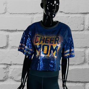 Cheer Mom Blue Sequin Top, Custom Sequin Shirt, Football Bling, Cheer Bling, Birthday Bling, Sports Bling, Custom Name and Number