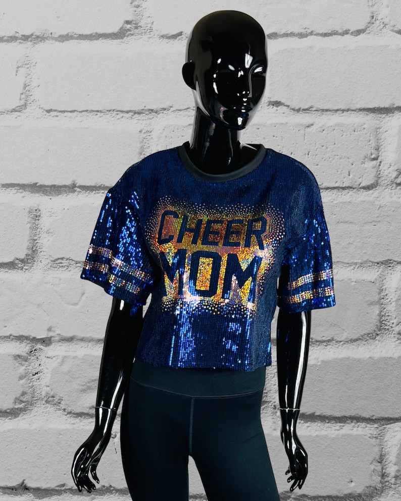Cheer Mom Blue Sequin Top, Custom Sequin Shirt, Football Bling, Cheer Bling, Birthday Bling, Sports Bling, Custom Name and Number
