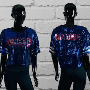 Cheer Blue Sequin Top with red and silver holographic soangle bling, Custom Sequin Shirt, Football Bling, Cheer Bling, Birthday Bling, Sports Bling, Custom Name and Number