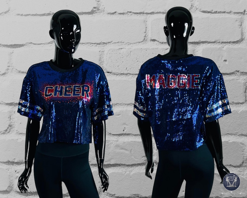 Cheer Blue Sequin Top with red and silver holographic soangle bling, Custom Sequin Shirt, Football Bling, Cheer Bling, Birthday Bling, Sports Bling, Custom Name and Number