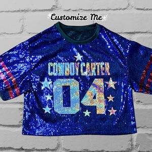 Blue Sequin Top, Custom Sequin Shirt, Football Bling, Cheer Bling, Birthday Bling, Sports Bling, Custom Name and Number, Cowboy bling shirt, cowgirl bling shirt, Carter bling shirt