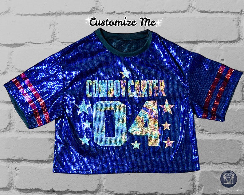 Blue Sequin Top, Custom Sequin Shirt, Football Bling, Cheer Bling, Birthday Bling, Sports Bling, Custom Name and Number, Cowboy bling shirt, cowgirl bling shirt, Carter bling shirt