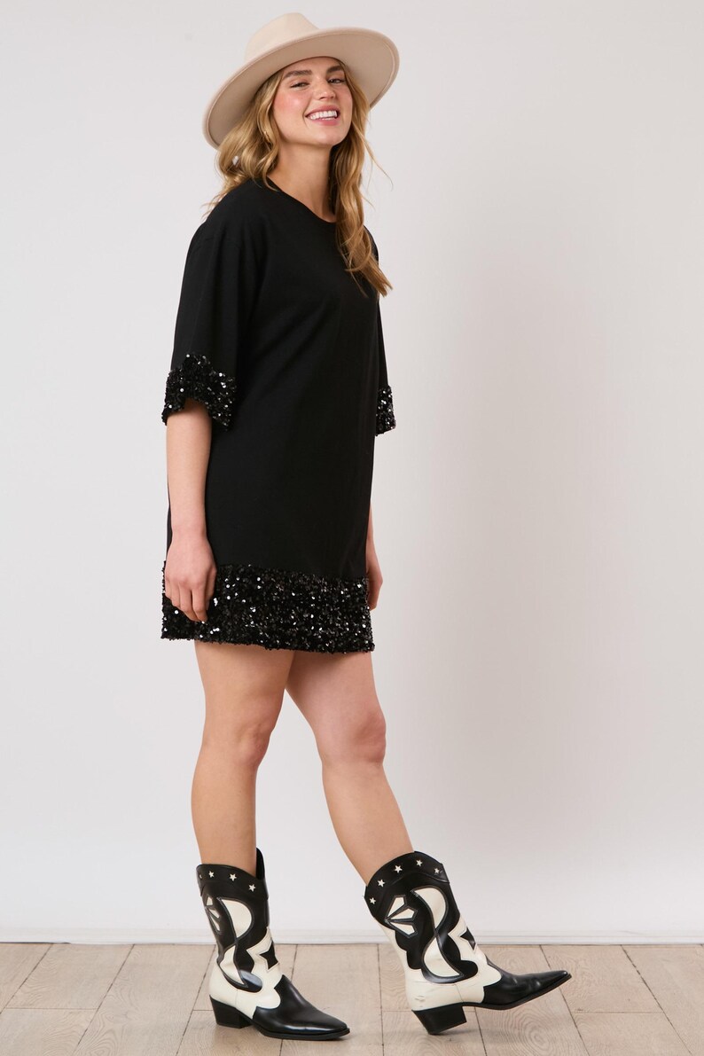 Black Sequin Cotton Dress, Custom Sequin Tunic Shirt Dress, Football Bling, Cheer Bling, Birthday Bling, Sports Bling, Custom Name and Number