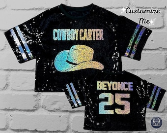 Western Sequin Top, Sparkly Concert Outfit, Custom text and number, Tour Jersey, Disco Cowgirl Shirt, Gifts for Her, Cowboy Bling Shirt