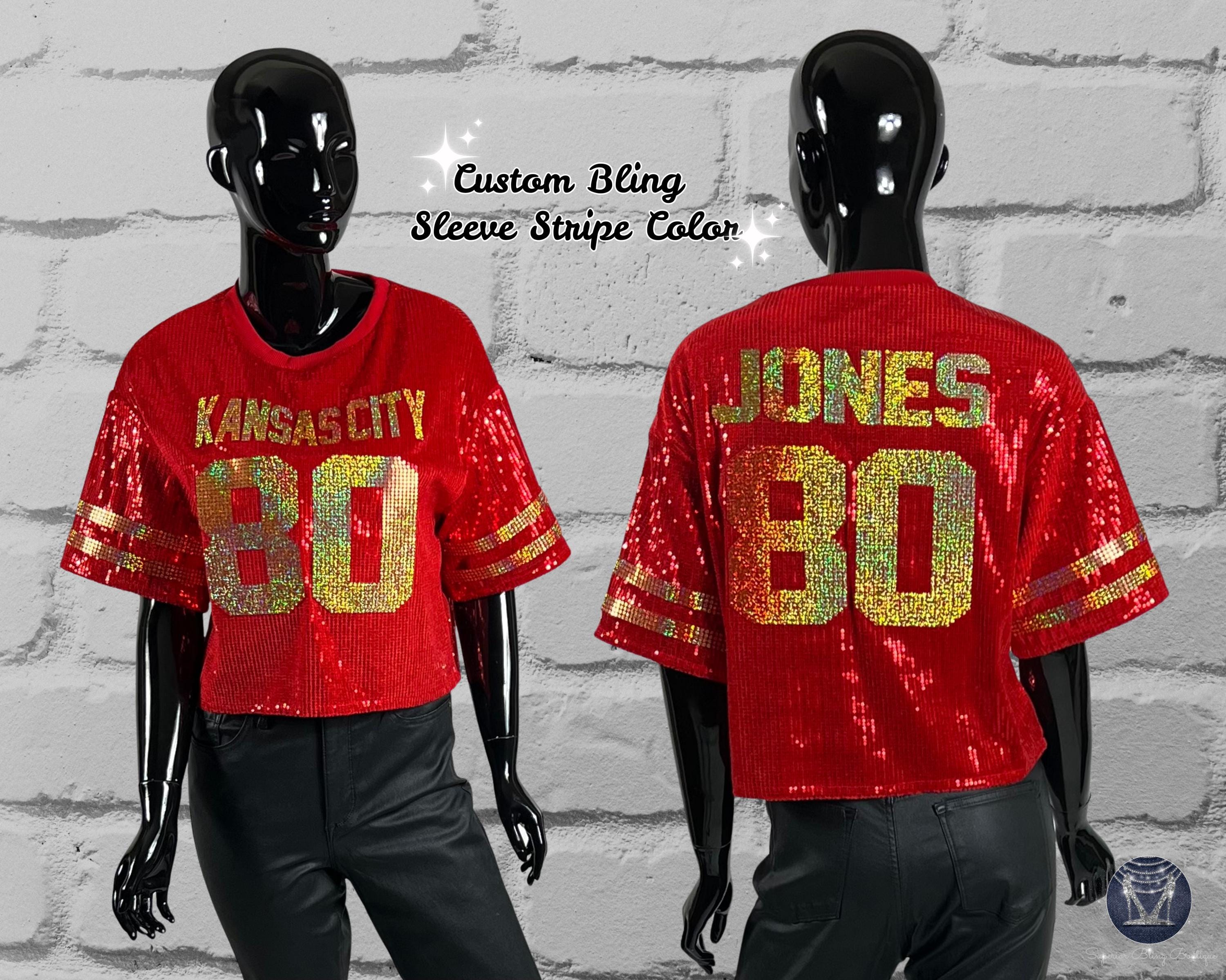 Custom Kansas City Sequin Top, Jersey Shirt, Customize with text and number, Collegiate Bling, Birthday, Team Fan Bling, Jersey Bling