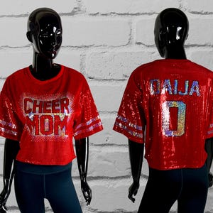 Cheer Mom Red Sequin Top, Custom Sequin Shirt, Football Bling, Cheer Bling, Birthday Bling, Sports Bling, Custom Name and Number