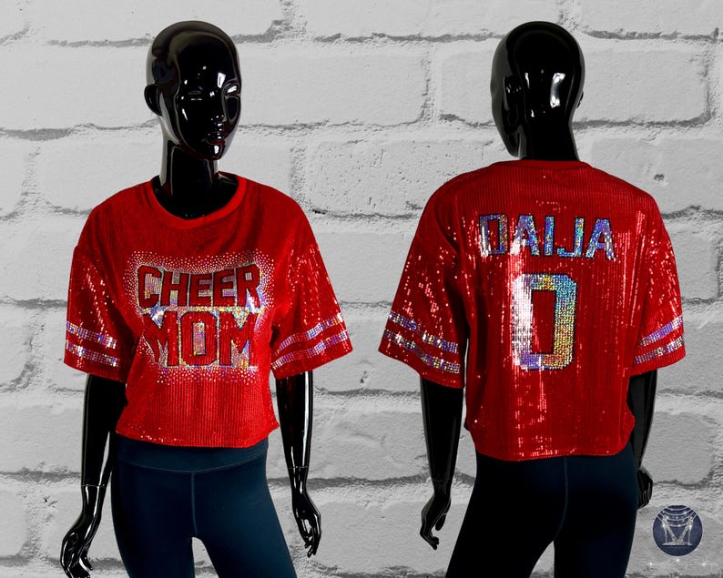 Cheer Mom Red Sequin Top, Custom Sequin Shirt, Football Bling, Cheer Bling, Birthday Bling, Sports Bling, Custom Name and Number