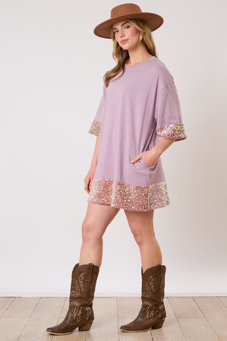 Lavender Sequin Cotton Dress, Custom Sequin Tunic Shirt Dress, Football Bling, Cheer Bling, Birthday Bling, Sports Bling, Custom Name and Number