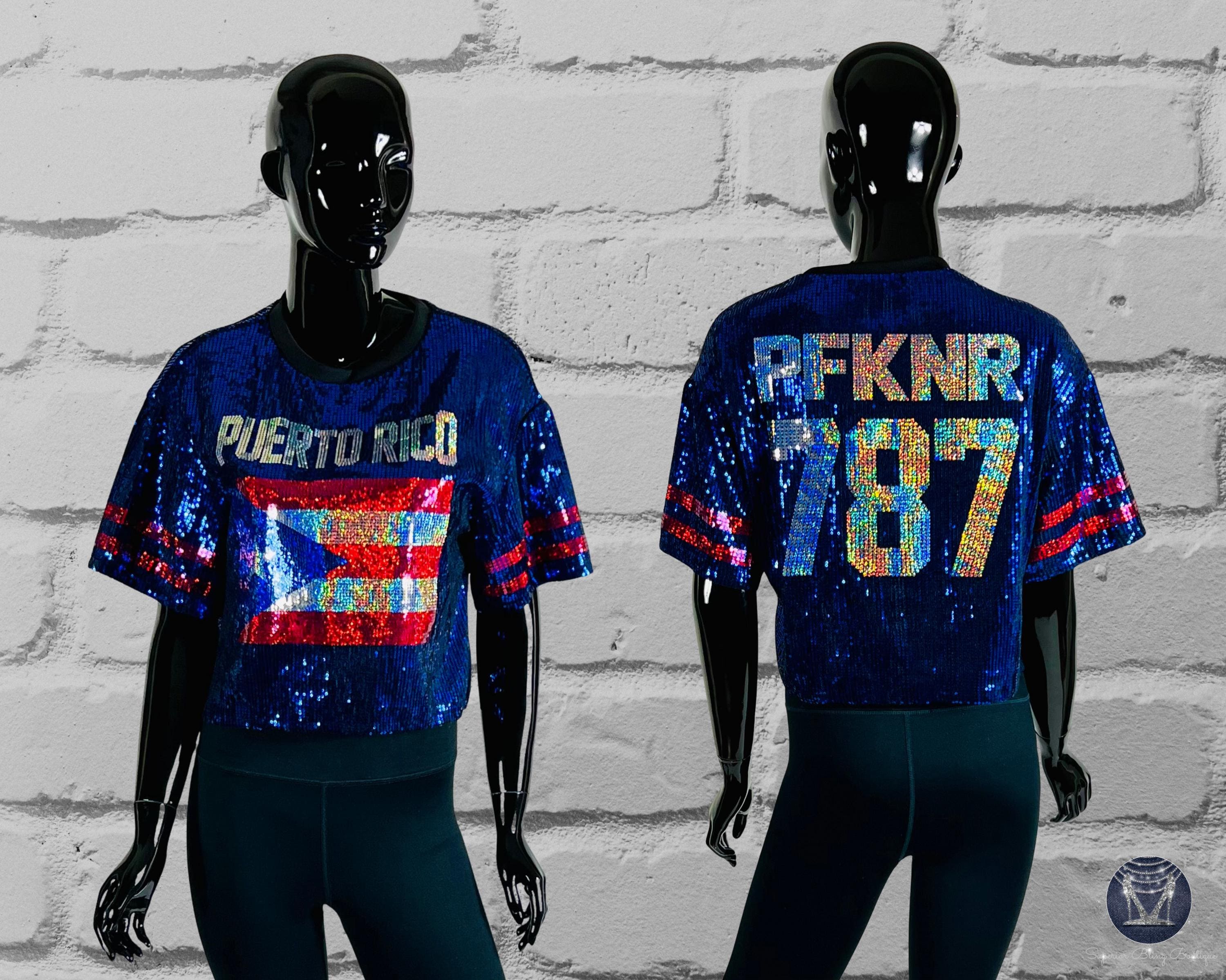 トップス Batlogue Glitter Tshirt Puerto Rico Sequin Bling Jersey, Sparkly 787 Crop Top, PR Flag