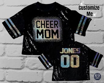 Custom Cheer Mom Sequin Top, Jersey Shirt, Customize with text and number, Collegiate Bling, Birthday, Team Fan Bling, Jersey Bling