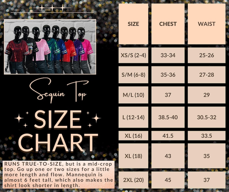 Custom Sequin Jersey Top Sizing Chart